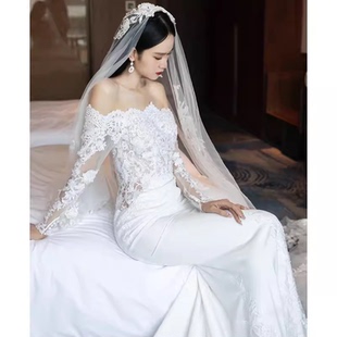 新款 气质名媛蕾丝拖尾婚礼拍摄头纱头饰 蕾丝一字肩轻婚纱头纱法式