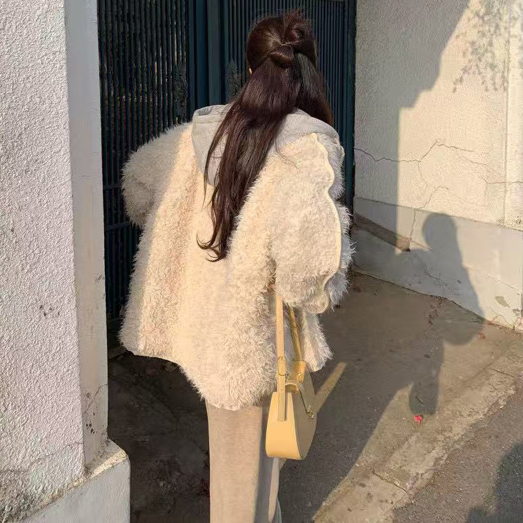 韩系温柔甜美气质可拆卸帽子毛茸茸保暖夹棉外套宽松棉服上衣