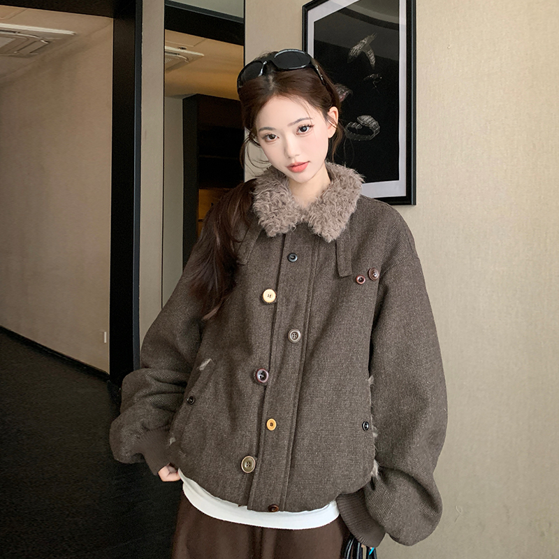 实拍仿羊羔毛翻领厚外套女生冬季保暖棉衣男美式复古棉服休闲上衣