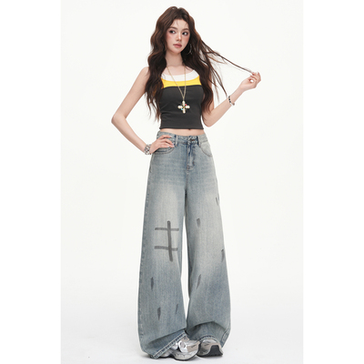 莱斯顿&美式高腰复古涂鸦阔腿软牛仔长裤女士宽松显瘦春夏弯刀裤