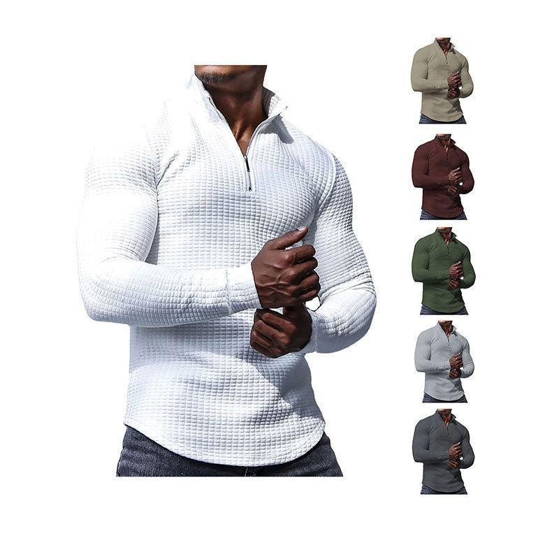 2025秋季欧美小方格卫衣男士立领半截拉链长袖上衣Men sweatshirt