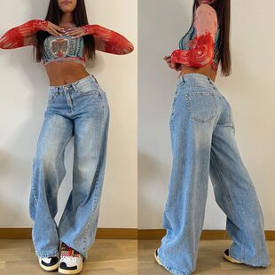 Women Casual 复古阔腿牛仔裤 jeans Pants leg wide loose Denim