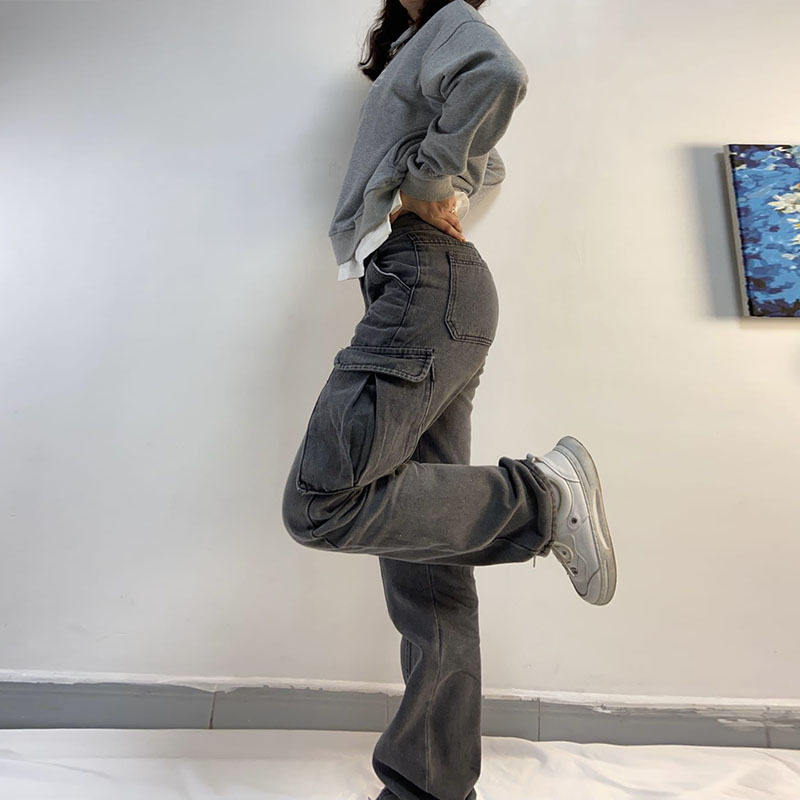 Women Cargo Trousers Straight Cargo Jeans Pants High Waist V