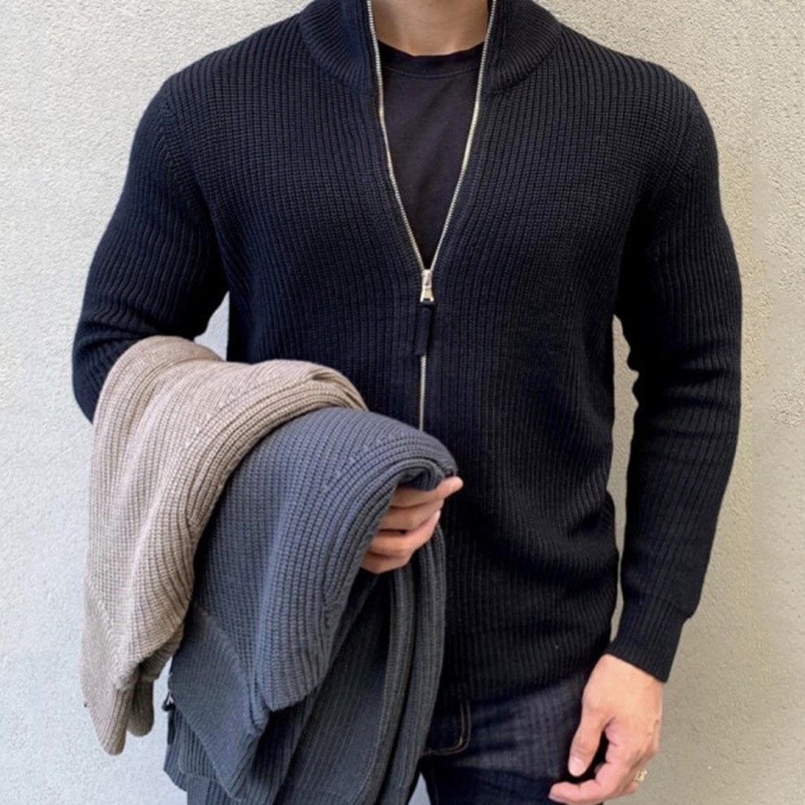美式秋冬条纹中领拉链毛衣外套男潮牌加厚长袖毛线衫Men Knitwear