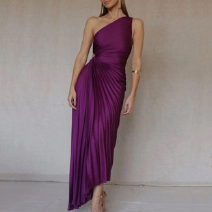 欧美紫色褶皱连衣裙百褶裙派对晚礼服 sexy evening dress Purple