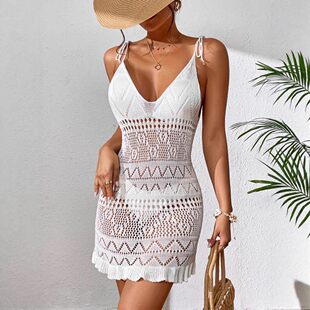 欧美风复古镂空针织吊带连衣裙女夏度假沙滩包臀短裙女比基尼罩衫
