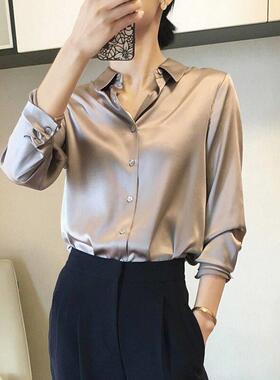 Button Up Satin Silk Shirt Vintage Blouse Women Loose Shirts