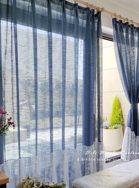 法式美式田园中古风蓝色透光不透人竹节麻阳台露台客厅窗帘窗纱