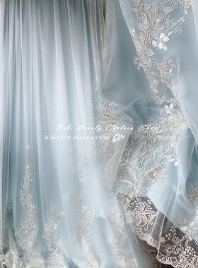 韩式现代简约粉蓝色金丝立体绣凤尾花婚房少女孩子窗帘窗纱定制