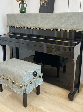 马小萌原创新品加厚棉麻色织复古绿毛球花边立式防尘钢琴罩半罩