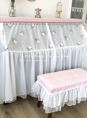 马小萌原创田园粉色绣球花粉嫩公主立式双层全罩钢琴罩钢琴凳定制