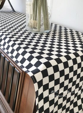 马小萌新品高端法式简约棉麻双层印花黑白棋盘格防尘钢琴盖巾