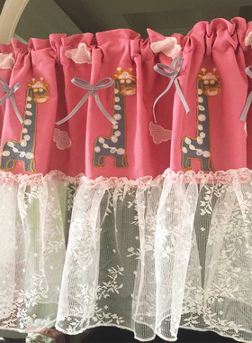 新品五折粉嫩韩式儿童房卡通高档纯棉绣花长颈鹿蕾丝半帘 门半帘