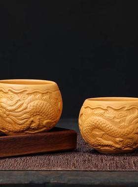 原矿黄金段泥主人杯压手杯功夫喝茶杯高档浮雕祥龙茶杯个人品茗杯