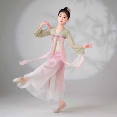 儿童古典舞蹈服练功服女童飘逸仙气纱衣上衣长款中国舞演出服套装