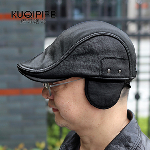 真皮帽子男羊皮鸭舌帽贝雷帽前进工人中老年保暖秋冬季护耳老人帽