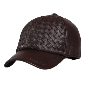 羊皮棒球帽子男单层真皮格纹中老年秋冬季春天可调节老人休闲鸭舌