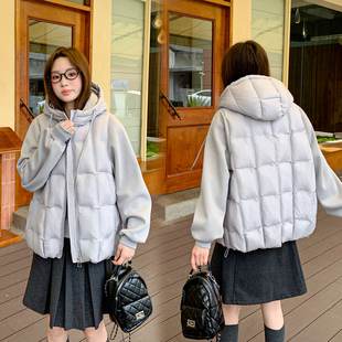 冬季韩版宽松短款羽绒棉服外套女冬时尚保暖拼接连帽冬装棉衣棉袄