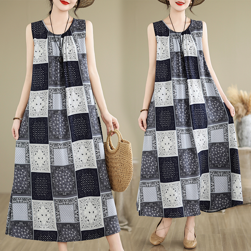 妈妈装夏季纯棉绸宽松无袖连衣裙