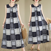连衣裙女2025新款 妈妈夏季 纯棉绸无袖 中老年宽松休闲印花中长裙子