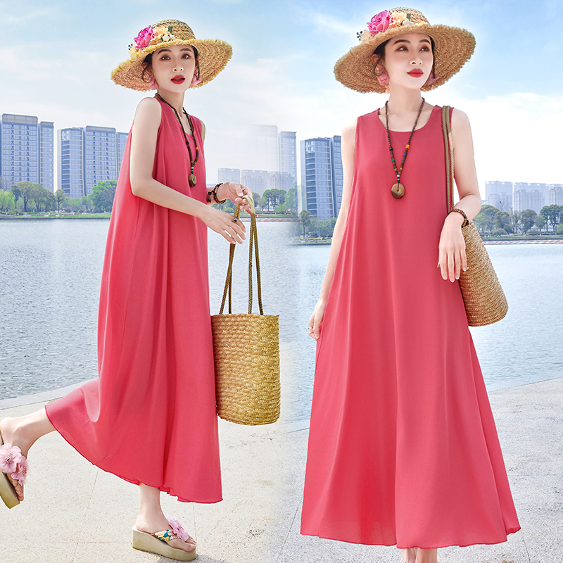 度假连衣裙无袖棉绸背心沙滩裙夏