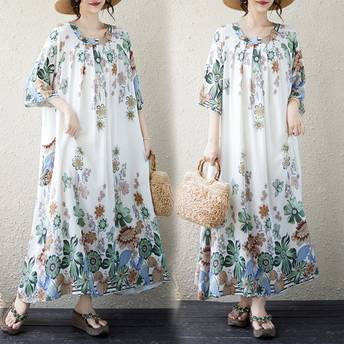 胖妈妈棉绸减龄碎花沙滩连衣裙夏