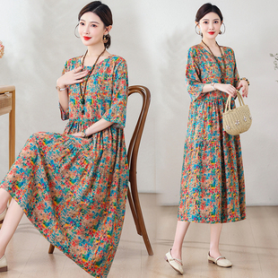 遮肚人造棉连衣裙女2025夏季新款小个子棉绸长款宽松大码裙子外穿