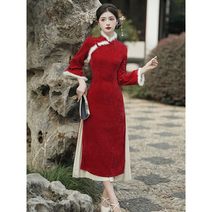 好质量中式国风雪尼尔红色改良旗袍连衣裙新年订婚结婚