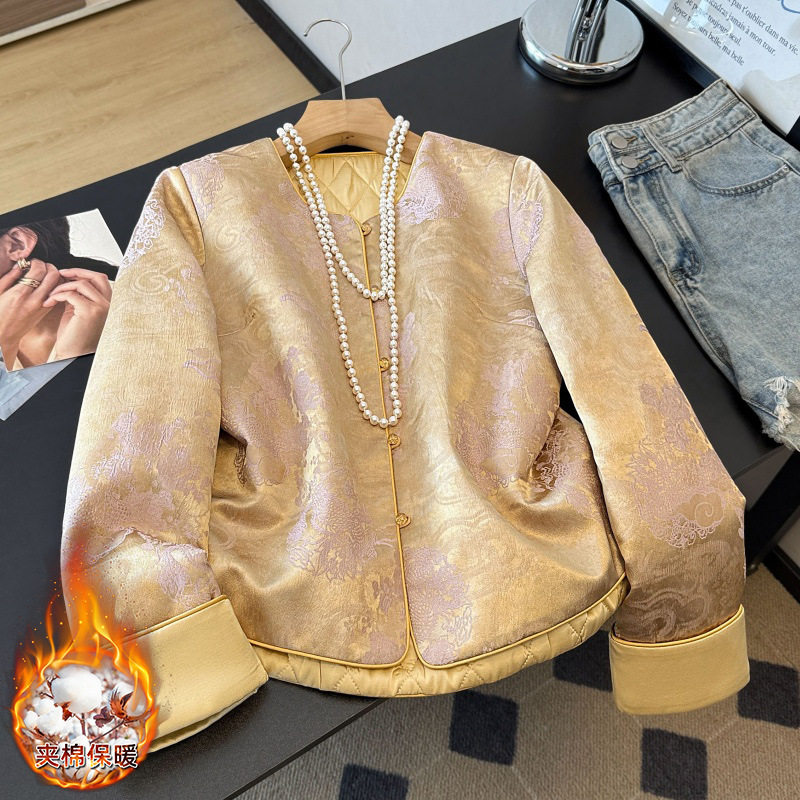 新款新中式夹棉提花卷边圆领缎面提花唐装盘扣长袖民族风上衣外套,女装/女士精品,短外套,淘宝优惠券,粉丝福利购,淘宝优惠卷