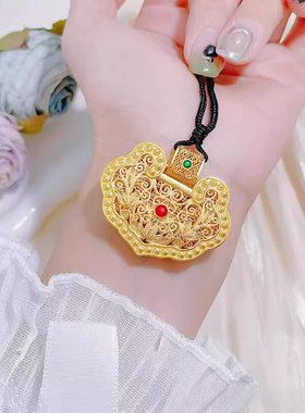 深圳水贝古法足金999平安锁黄金花丝珐琅金锁吉祥如意锁莲花锁包