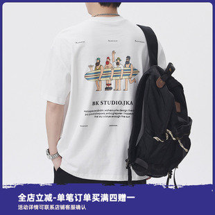 COOLJU裤局子男生夏季美式潮牌纯棉刺绣重磅水洗短袖宽松圆领T恤