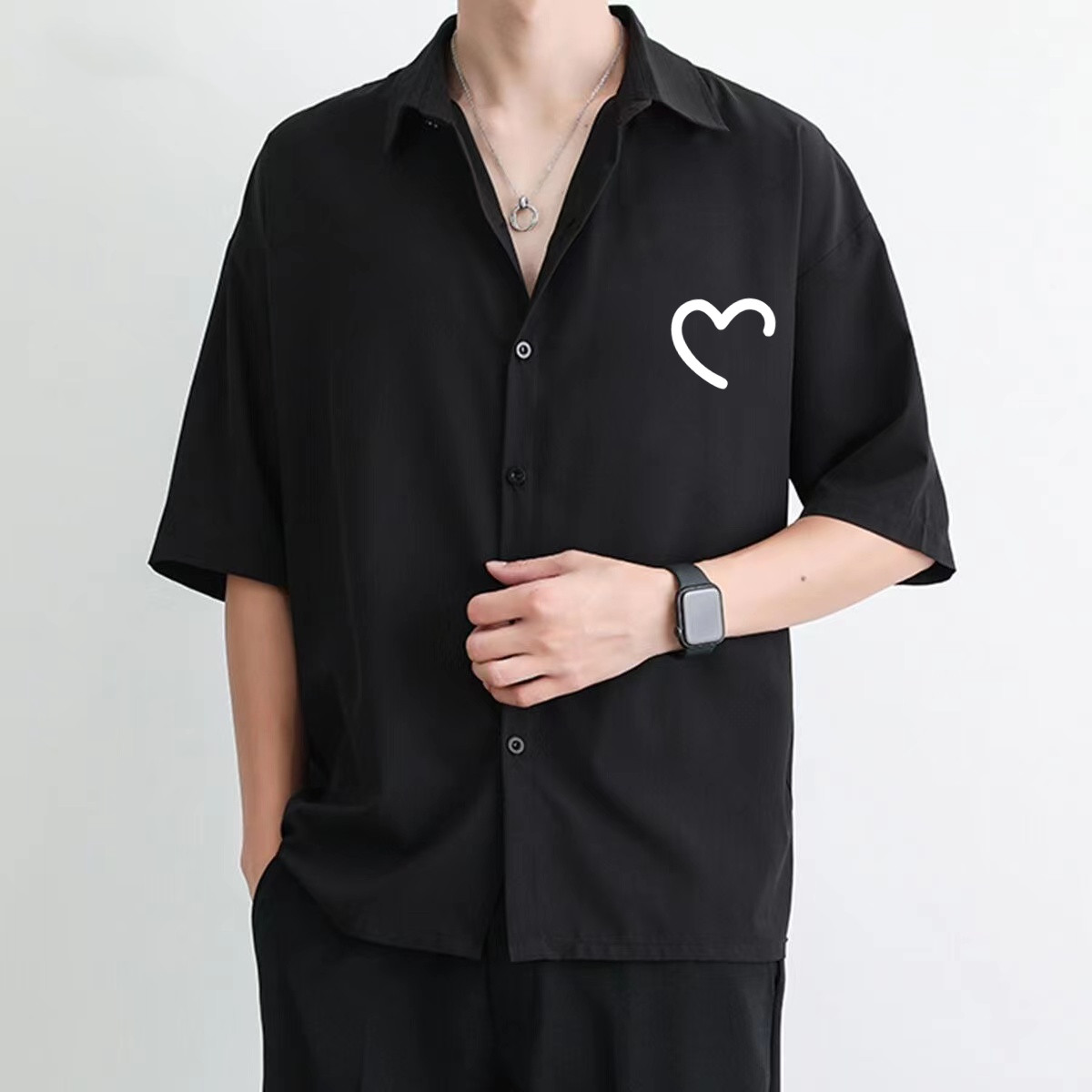 新款冰丝短袖衬衫男夏季高级感黑色ins潮流潮牌半袖宽松休闲衬衣