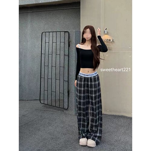 新款复古时尚格纹烫钻阔腿休闲裤女春秋新款宽松垂感拖地直筒裤子
