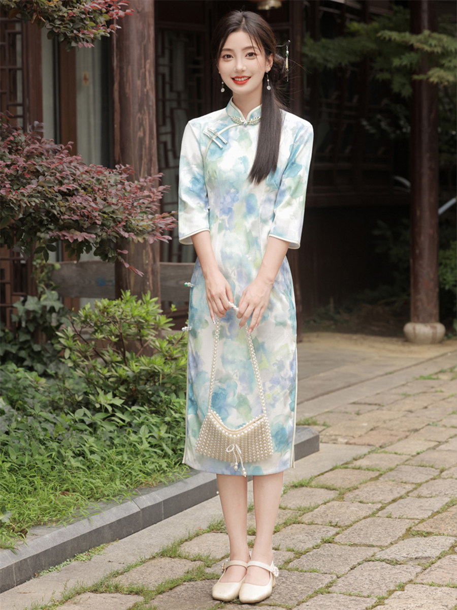 中长款印花改良旗袍连衣裙