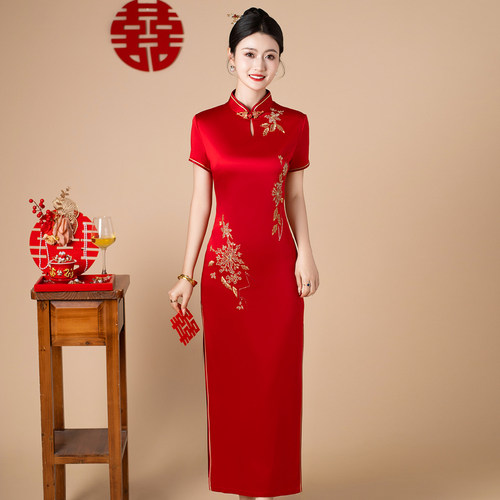 夏季长款旗袍改良连衣裙婚宴喜婆婆服日常走秀敬酒服红色回娘家