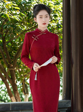 秋冬季长款旗袍改良连衣裙复古提花中年女日常婚宴喜婆婆礼服大码