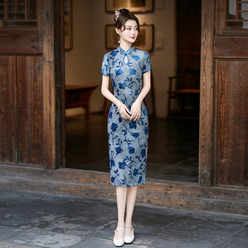 旗袍女夏薄款日常通勤新中式复古国风妈妈水滴领中长款短袖改良裙