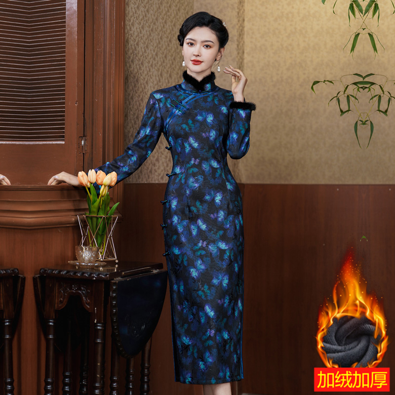 新中式加绒旗袍改良连衣裙高端长款秋冬季加厚年轻款妈妈复古国风