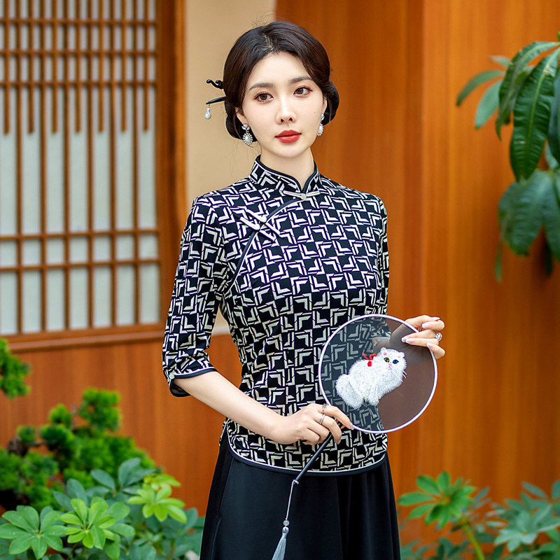 春秋新款旗袍式上衣改良中年女复古妈妈日常短款格子纹汉服唐装