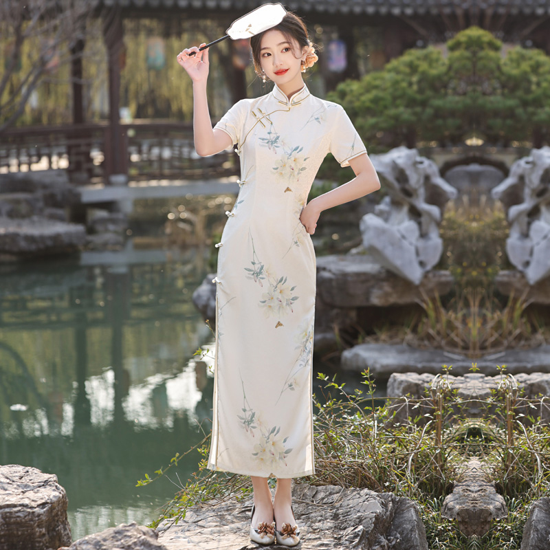 新中式长款旗袍夏季改良优雅少女气质修身高级感小个子年轻款内衬