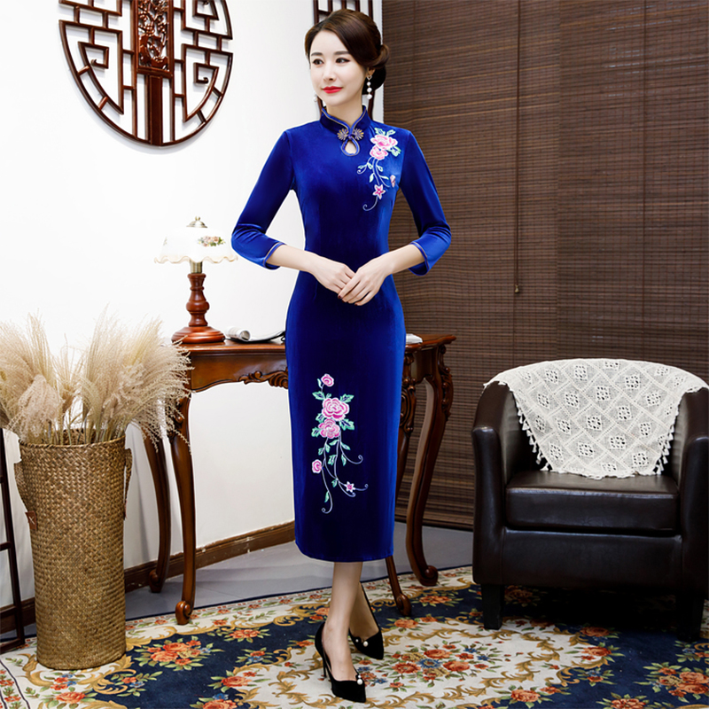 妈妈装高档丝绒中长款改良旗袍