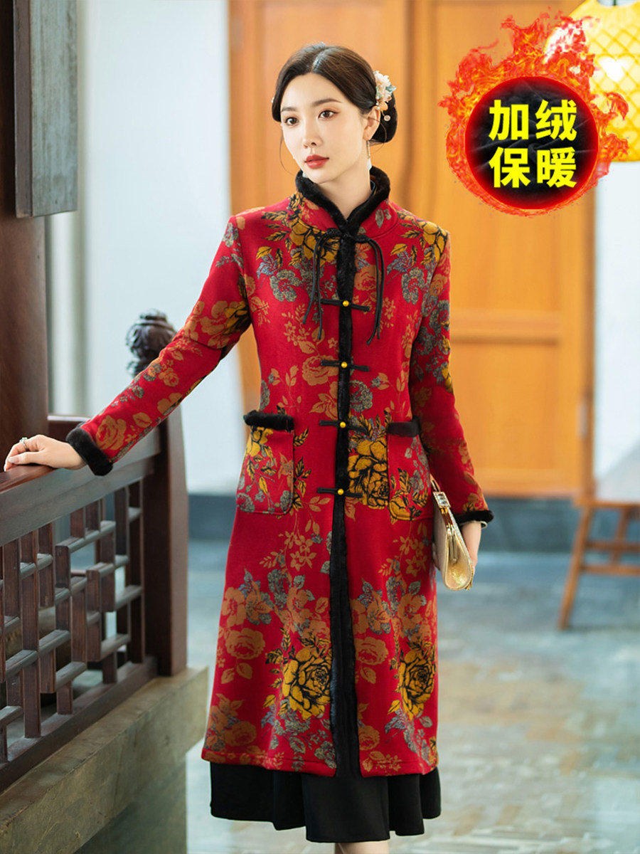 加绒加厚旗袍外套秋冬季新款中老年妈妈日常旗袍外搭中长款长袖