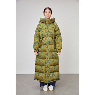 2025秋冬新款中长款加厚保暖连帽碎花个性洋气简约潮流日常羽绒服