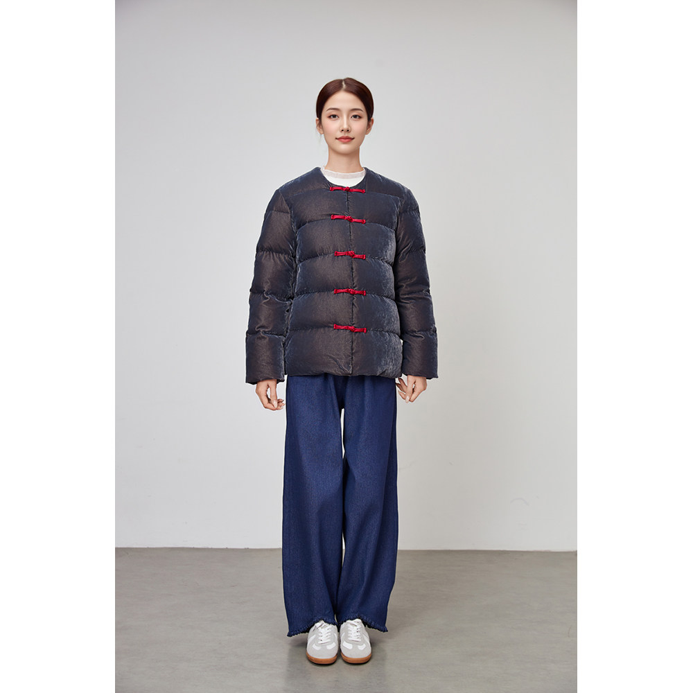 冬装新中式圆领毛暖羽绒服女显瘦文艺复古圆领盘扣国风中长款外套