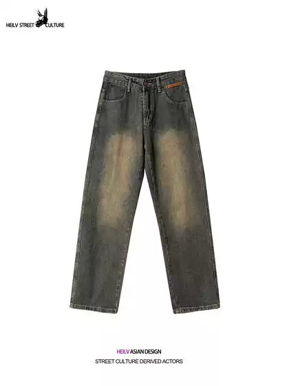 Black Donkey Street Style American High Street Vibe Mud Yellow Straight-Leg Jeans for Men, Autumn Loose Retro Vintage Trousers