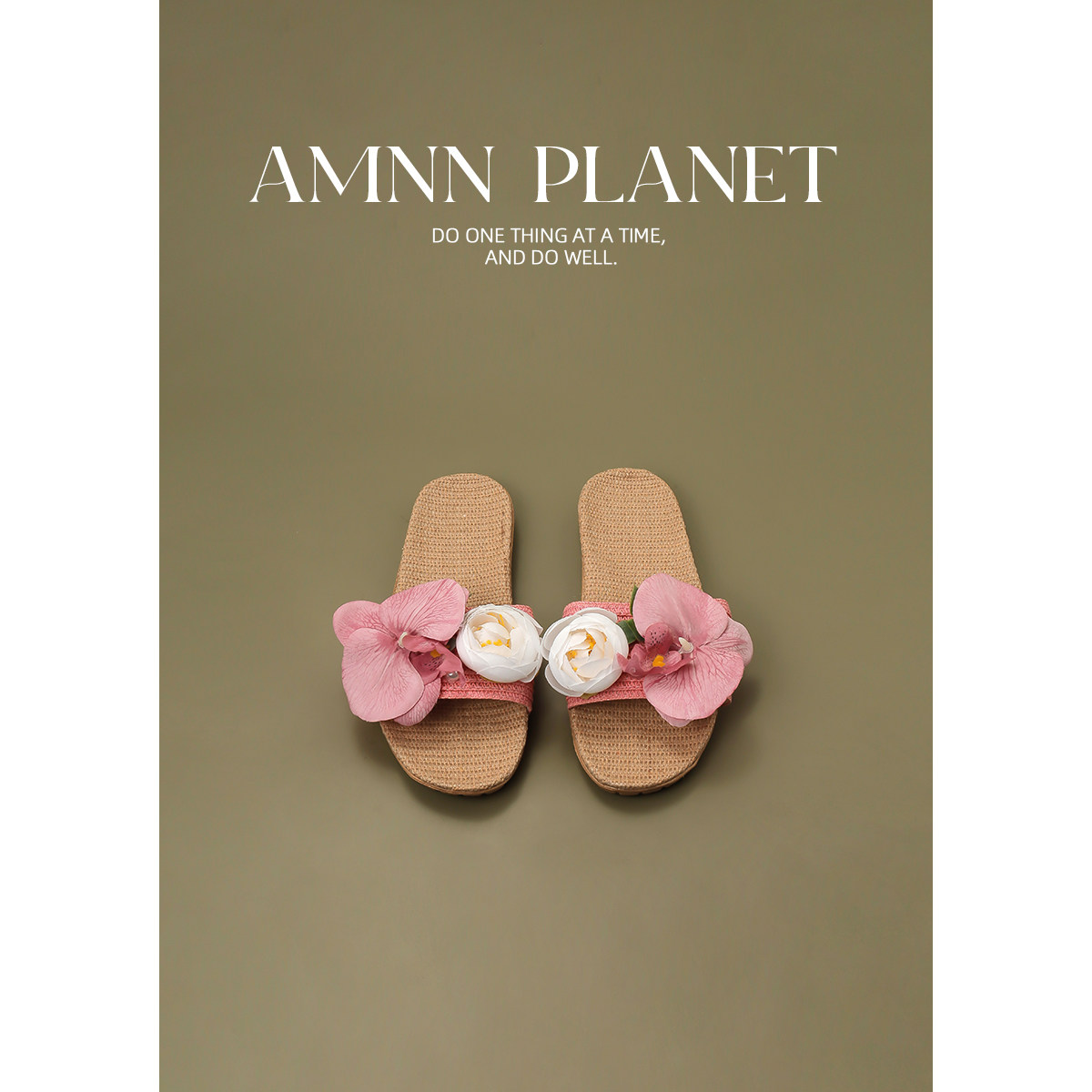 AMNN 仙女风蝴蝶兰花朵亚麻拖鞋女2026新款外穿度假平底舒适凉拖