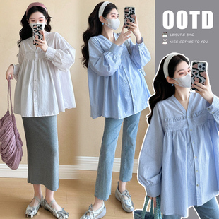 宽松遮肚衬衫 孕妇秋装 减龄孕妇装 时尚 洋气V领春秋衬衣 上衣中长款