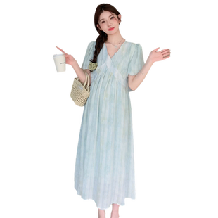 孕妇装夏天裙子中长款洋气减龄甜美减龄雪纺过膝长裙女孕妇连衣裙