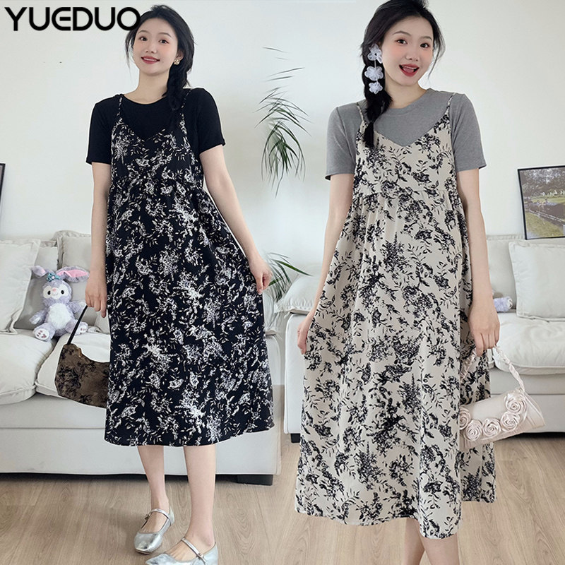 夏季孕妇套装时尚韩版碎花雪纺裙孕妇装夏天中长款