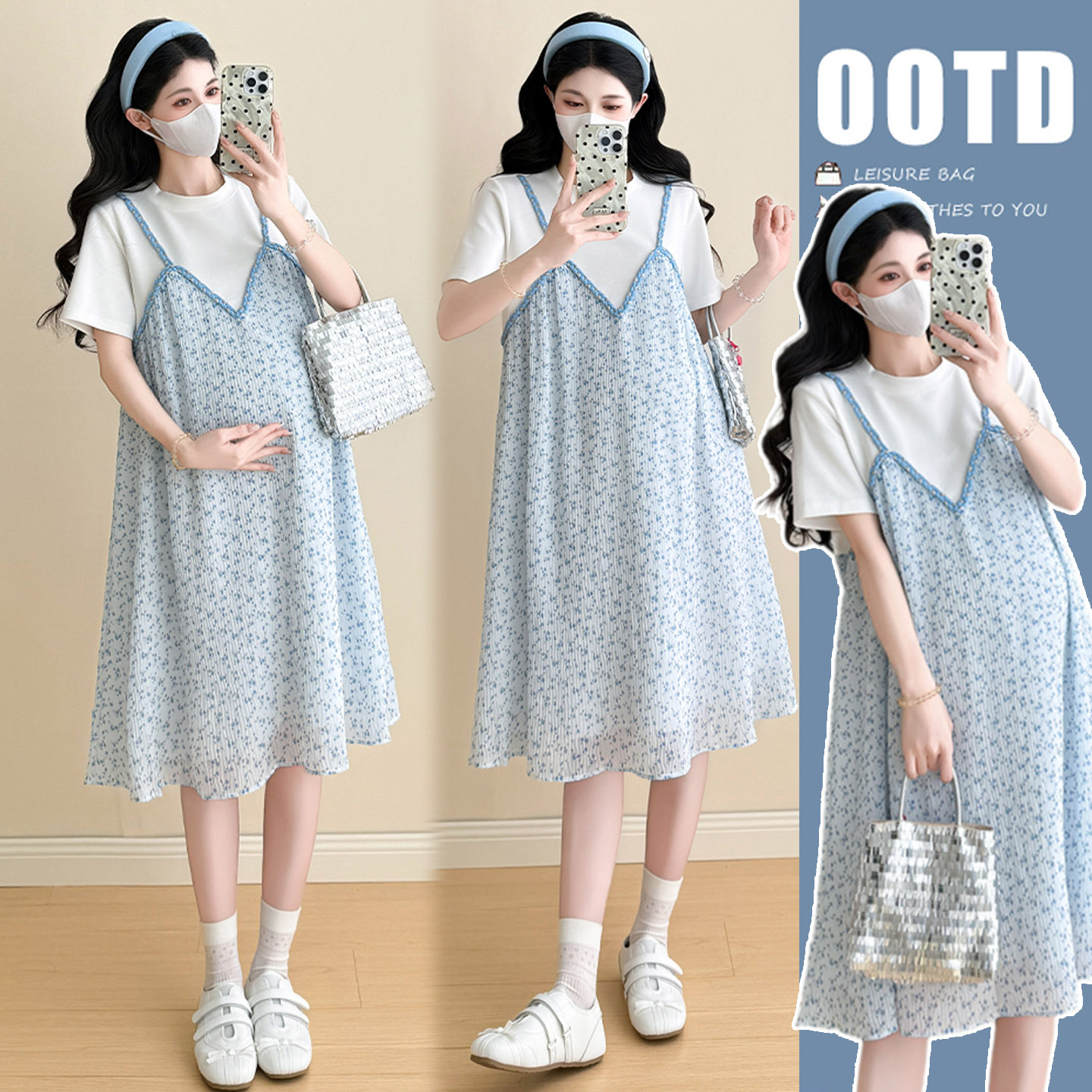 孕妇夏季碎花假两件拼接连衣裙